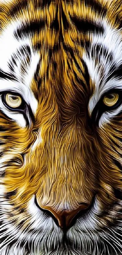 Close-up of a tiger face with vibrant golden and black stripes, intense gaze.