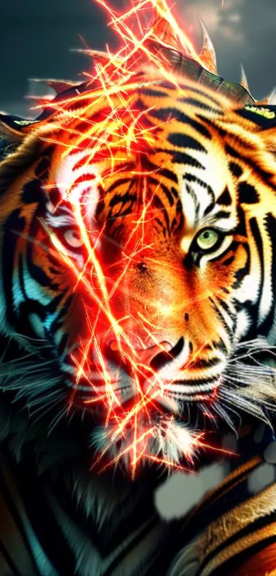Fierce tiger face with vibrant lightning effects on a striking wallpaper.