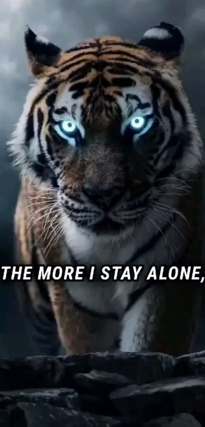 Fierce blue-eyed tiger with quote on dramatic dark background.