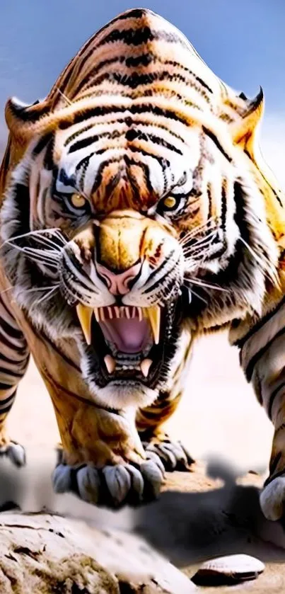 Fierce tiger in wild landscape wallpaper.