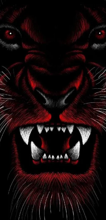 Fierce red-eyed tiger illustration on a black background for mobile wallpaper.