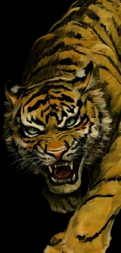 Realistic painting of a fierce tiger lunging forward on a black background.