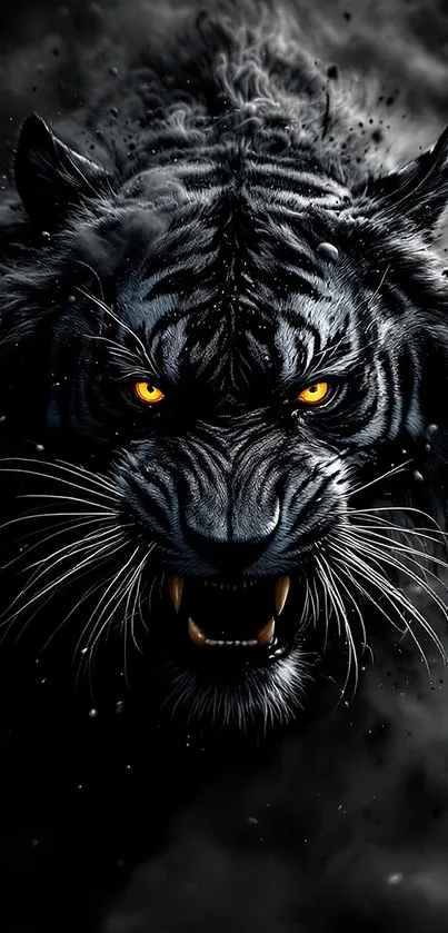 Fierce black tiger with glowing eyes artwork.