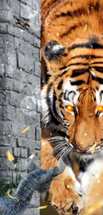 Fierce tiger with glowing eyes in fantasy scene.