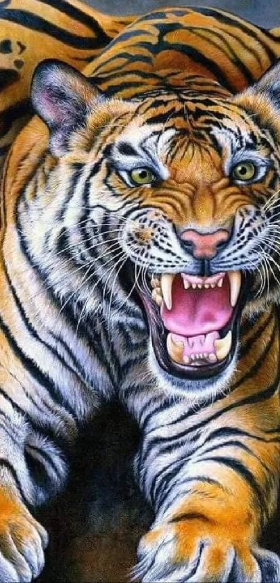 Tiger roaring fiercely in vivid mobile wallpaper.