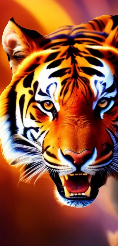 Fierce tiger with vibrant fiery background for mobile wallpaper.