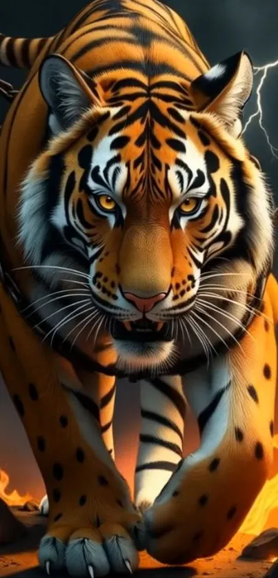 Fierce tiger walking through fire and lightning with intensity.