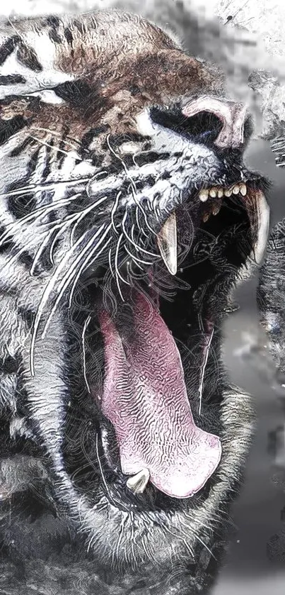 Roaring tiger digital art wallpaper with fierce expression in gray tones.