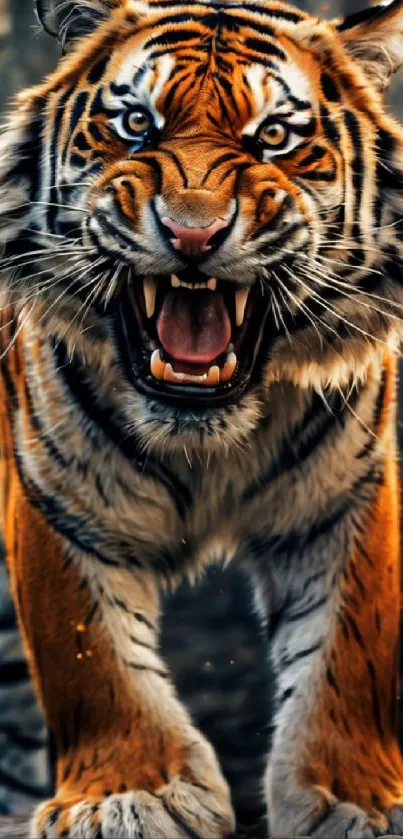 Close-up of a roaring tiger with vibrant orange and black stripes.