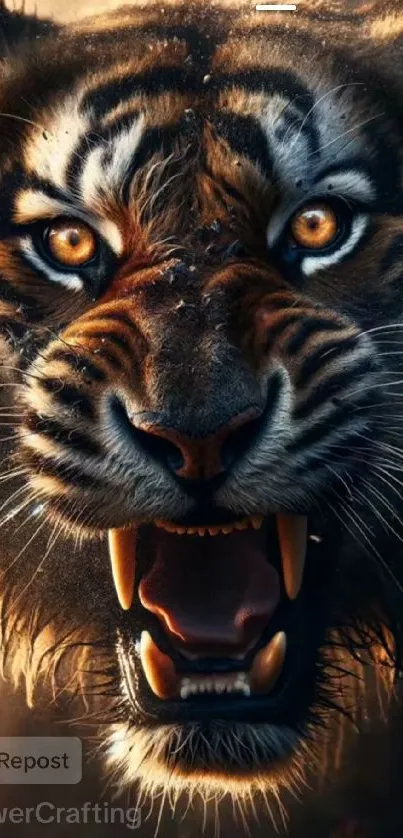 Fierce tiger with intense orange eyes and open mouth in dramatic light.