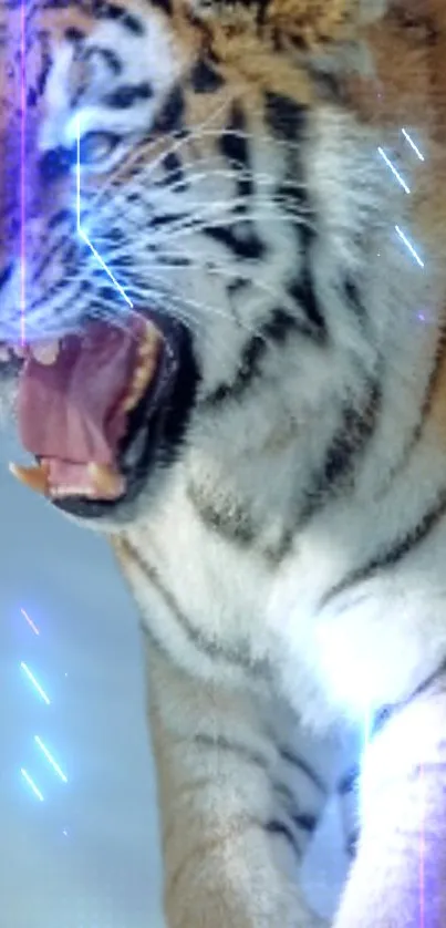Roaring tiger with blue lightning effects in vibrant orange hues.