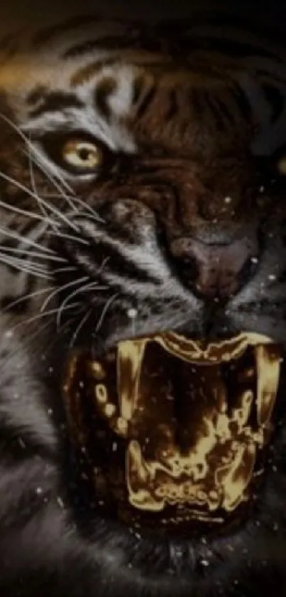 Dramatic image of a roaring tiger with glowing eyes on a dark background.