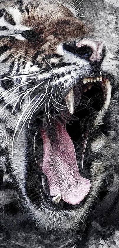 Fierce tiger roaring in black and white tones, perfect for mobile wallpaper.