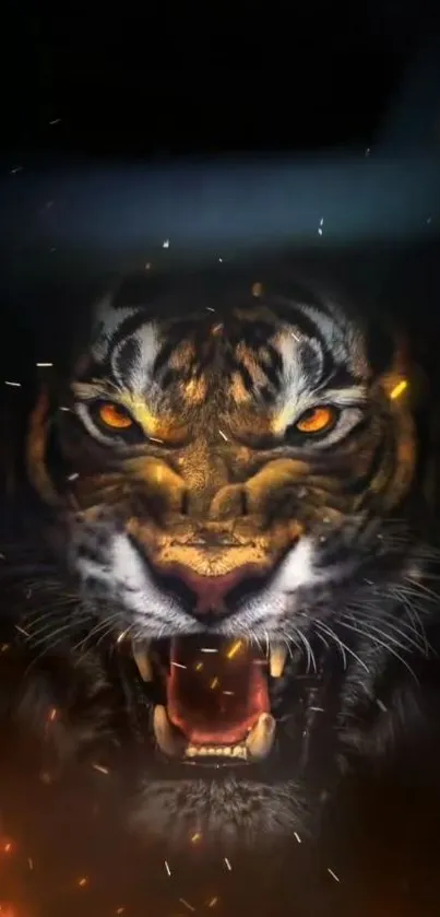 Roaring tiger face with fiery background wallpaper.