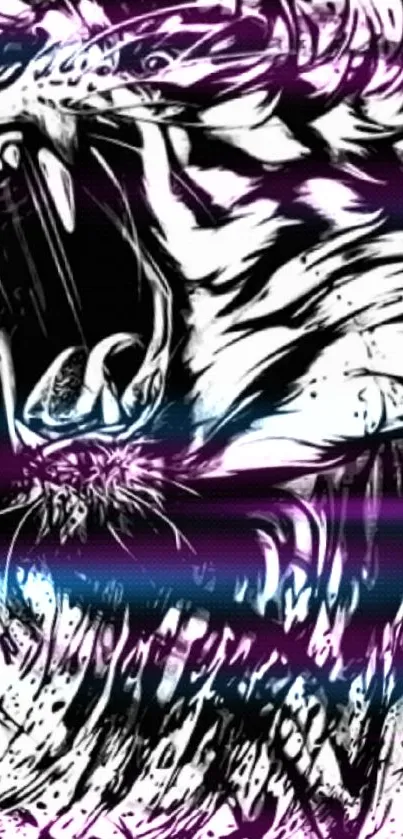 Fierce tiger in abstract black and white art with purple highlights.