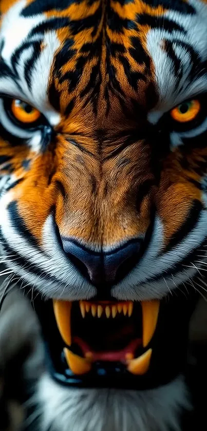 Fierce tiger roaring with intense eyes.