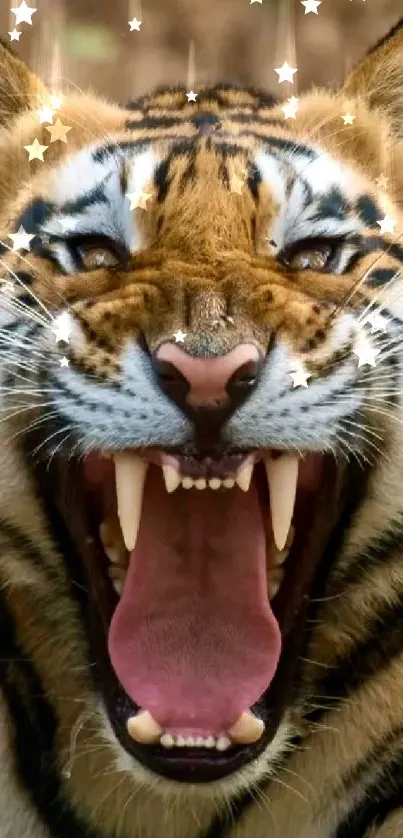 Fierce tiger with open mouth roaring, displaying powerful jaws and sharp teeth.