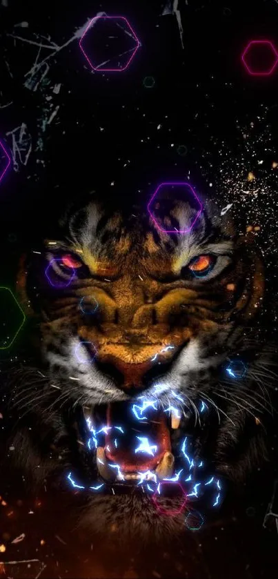 Fierce roaring tiger with dark background and fiery elements.