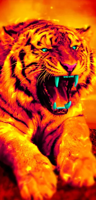 Fierce tiger with glowing eyes roars, set against a vibrant orange background.