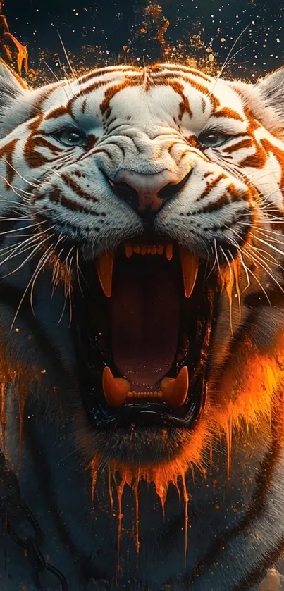 Majestic tiger roaring with fiery accents and vibrant colors.