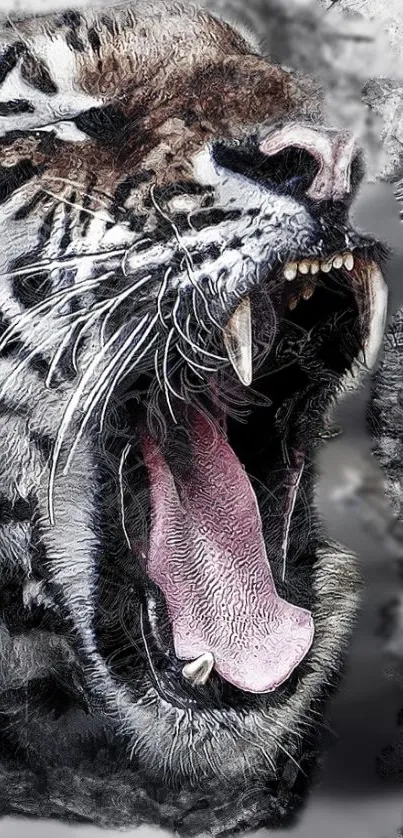 Fierce roaring tiger with vivid details and striking contrast in grayscale.