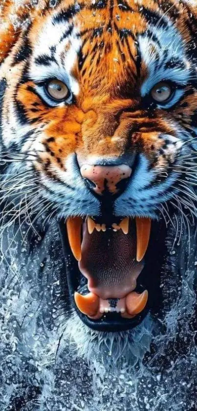 Roaring tiger with intense expression surrounded by splashing water.