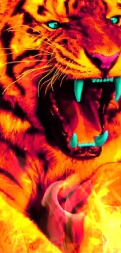 Fierce roaring tiger with vivid orange hues.