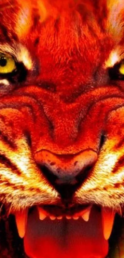 Fierce tiger roaring with vibrant orange hues on mobile wallpaper.