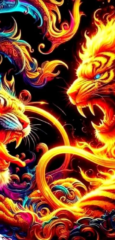 Dynamic artistic wallpaper of colorful tigers in a fierce showdown.