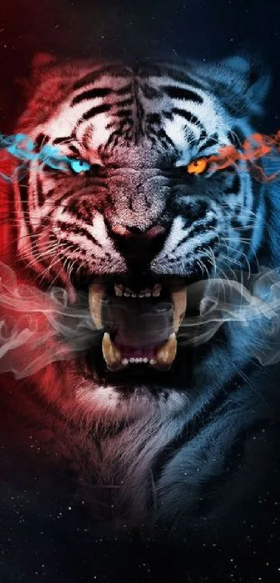 Fierce tiger with smoke in vibrant colors.