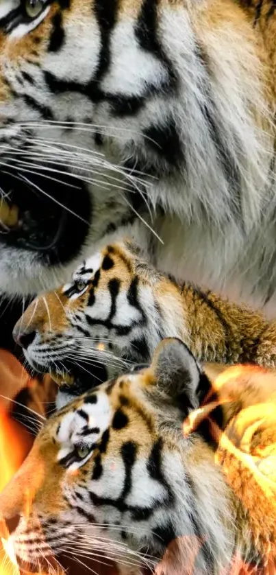 Three tigers growling amidst bright flames in a dramatic wildlife scene.