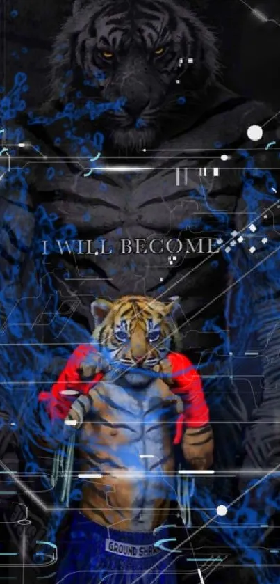 A digital artwork of a fierce tiger warrior in striking colors.