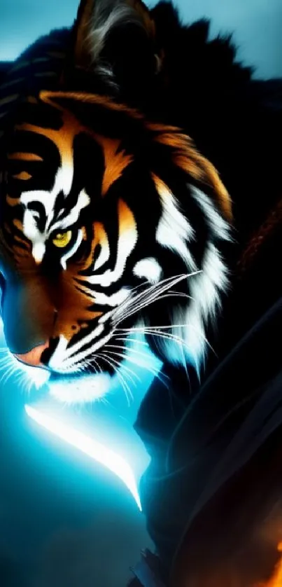 Fierce tiger warrior with glowing eyes in a mystical fantasy setting.