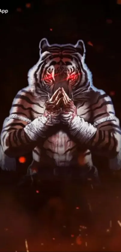 Fierce tiger warrior with red eyes in a fiery scene background.