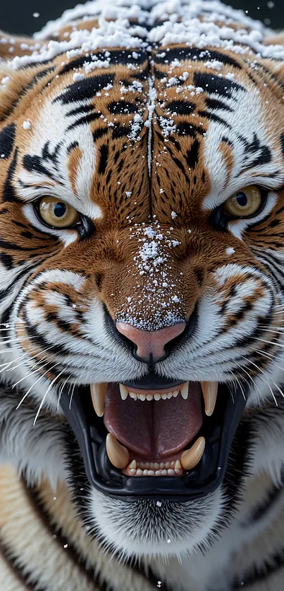 Fierce tiger roaring against snowy backdrop.