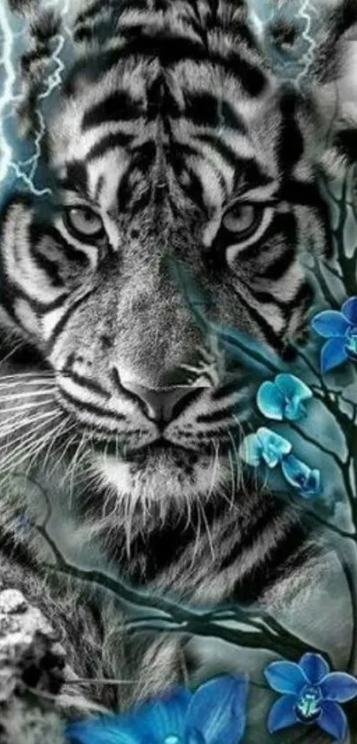 Tiger with blue orchids and lightning background wallpaper.