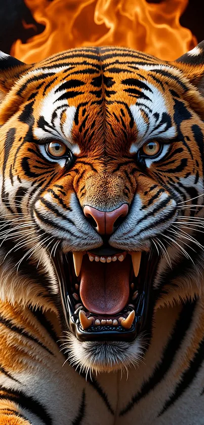 Roaring tiger with fiery background, intense gaze.