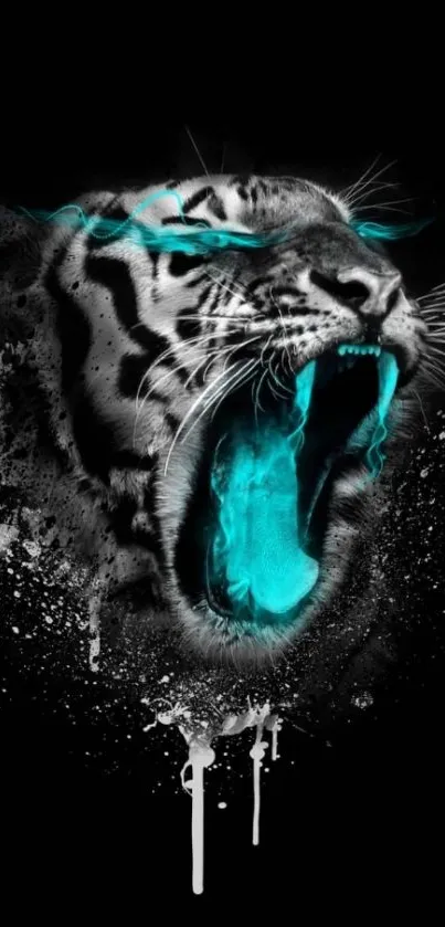 Fierce tiger with neon teal accents on a dark background wallpaper.