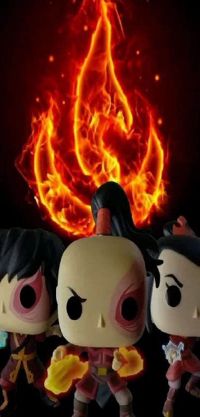 Animated toy figures with fiery backdrop on mobile wallpaper.