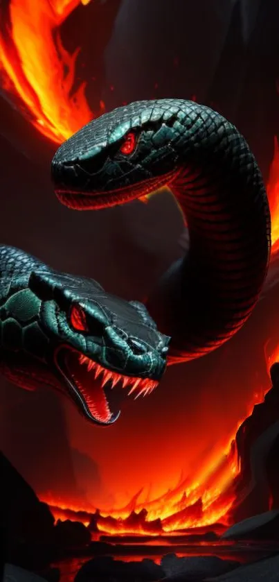 Two-headed snake amidst fiery flames for mobile wallpaper.