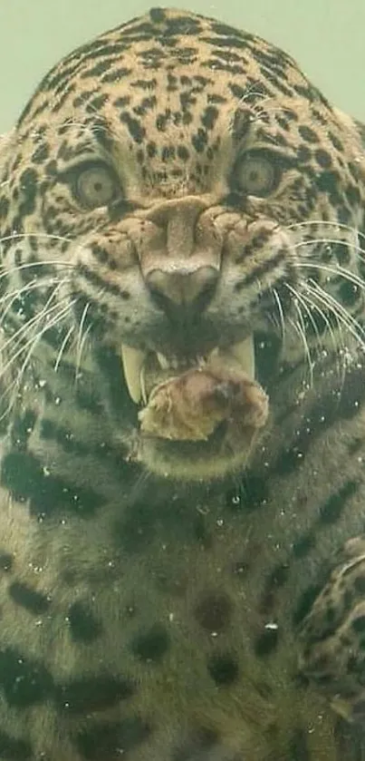 Fierce leopard swimming underwater with intense expression.