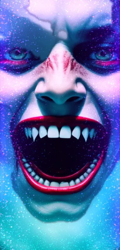 Fierce vampire face with open mouth in horror-themed wallpaper.