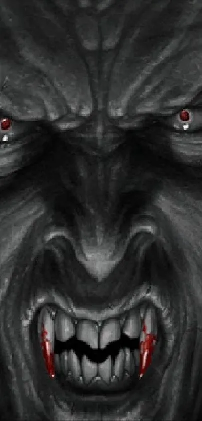 Fierce vampire face with red eyes and sharp fangs on mobile wallpaper.