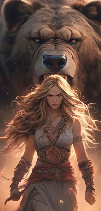 Fierce female warrior with a bear in an epic fantasy setting, ideal for mobile wallpaper.