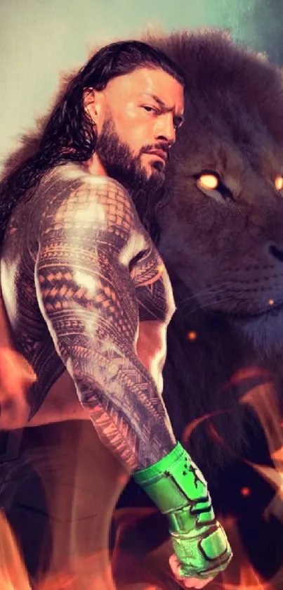 Warrior with tattoos and lion in fire-themed background.