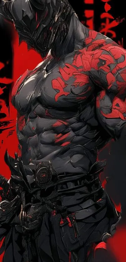 A fierce warrior in detailed red and black armor, standing ready for battle.