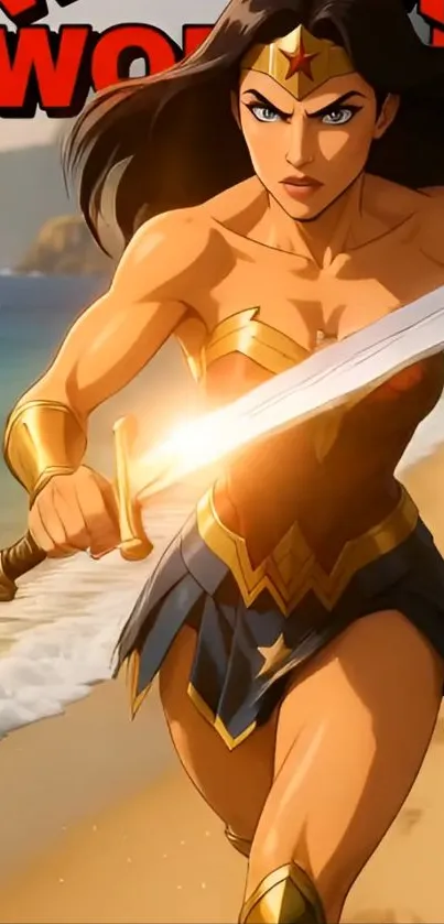 Animated warrior woman running on a beach with a sword.
