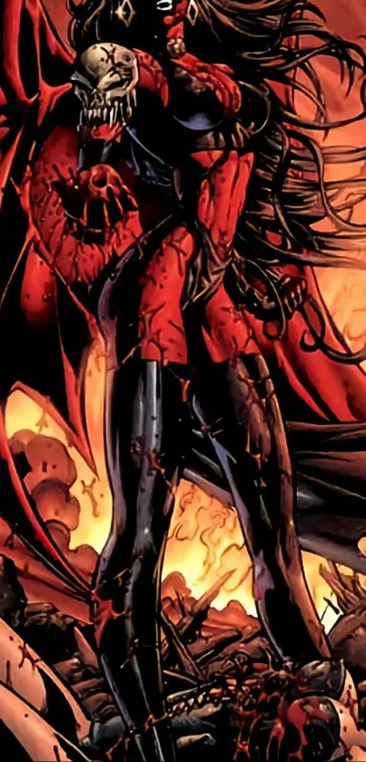 Comic art image of a fierce warrior in red with a dramatic fiery background.