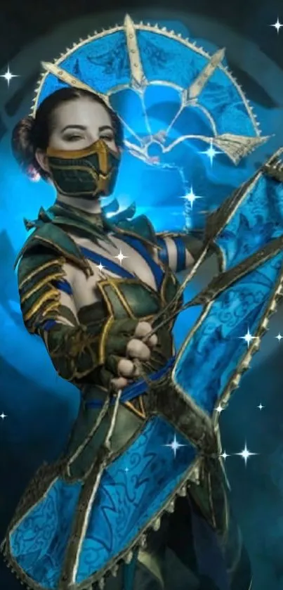 Female warrior in blue armor posing under a mystical glow.