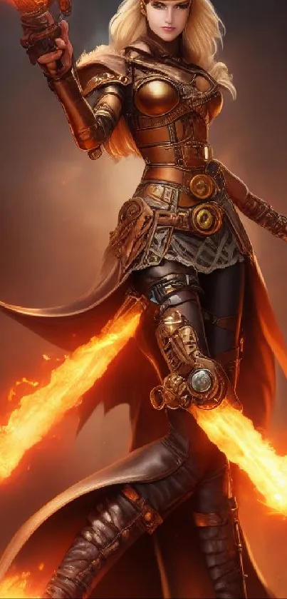 Fantasy warrior with fiery effects in a dynamic pose, wearing intricate armor.